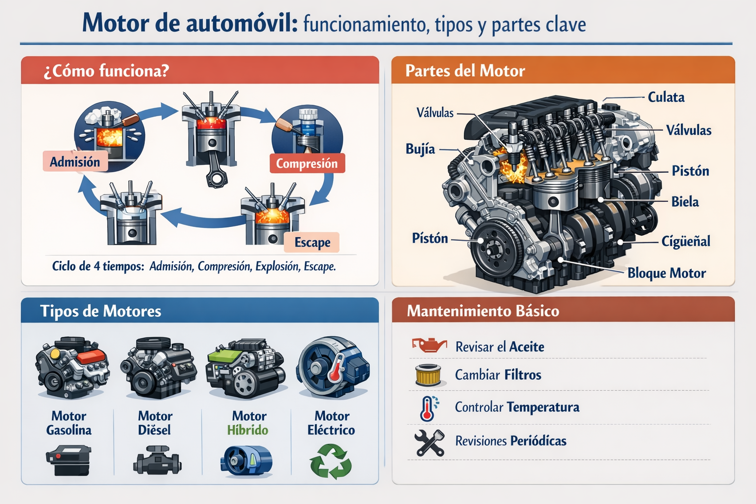 Motor de automóvil, funcionamiento, tipos y partes clave